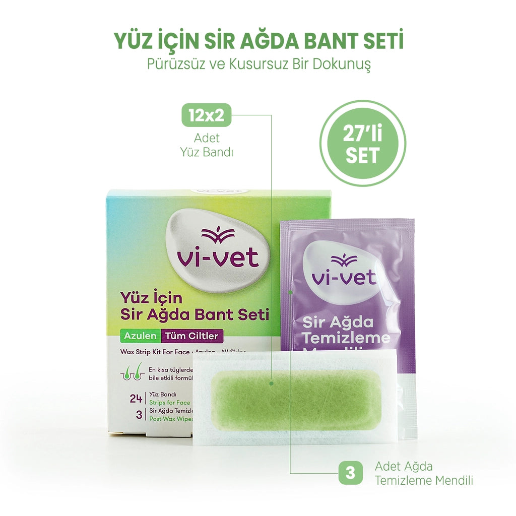 Vi-Vet Face Wax Strip Set Azulen 27 Pack (24 Facial Tapes + 3 Cleansing Wipes)