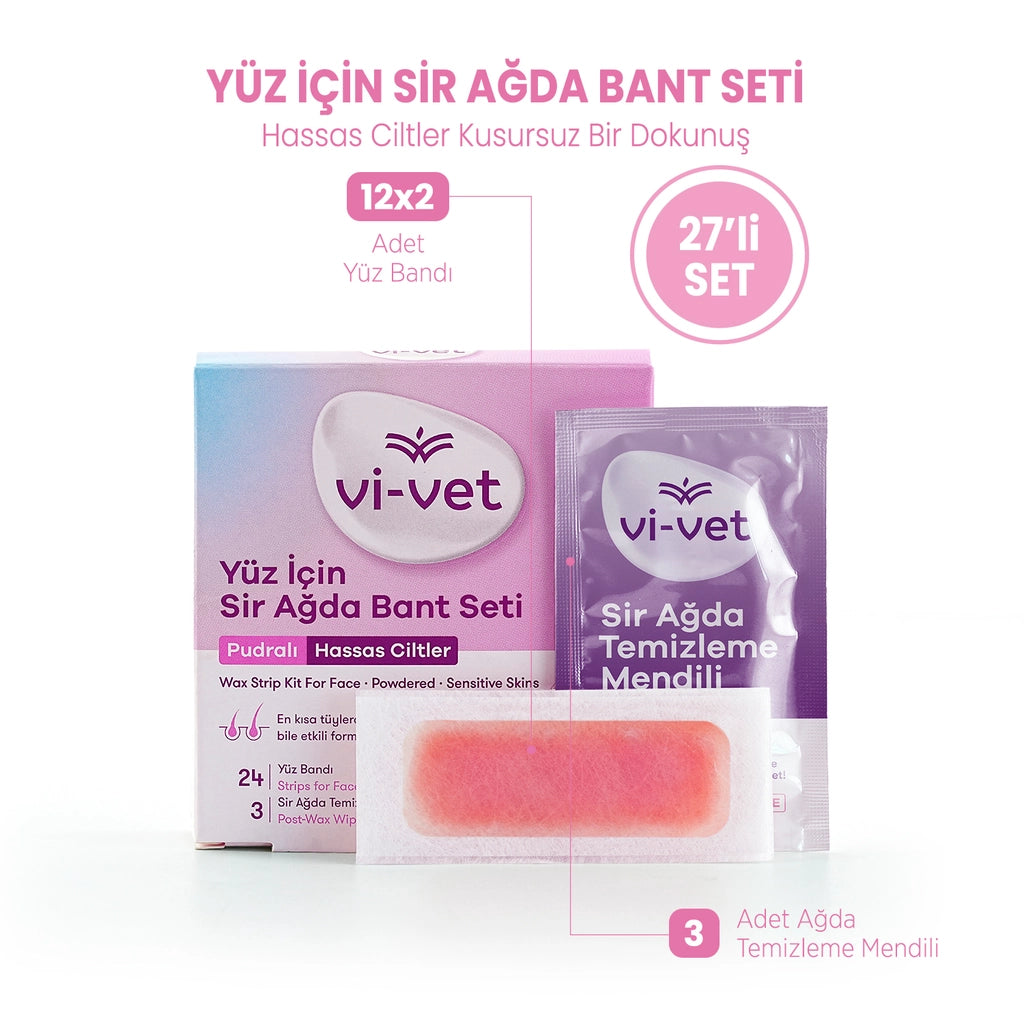 Vi-Vet Face Wax Strip Set Powdered 27-Piece (24 Facial Tapes + 3 Cleansing Wipes)