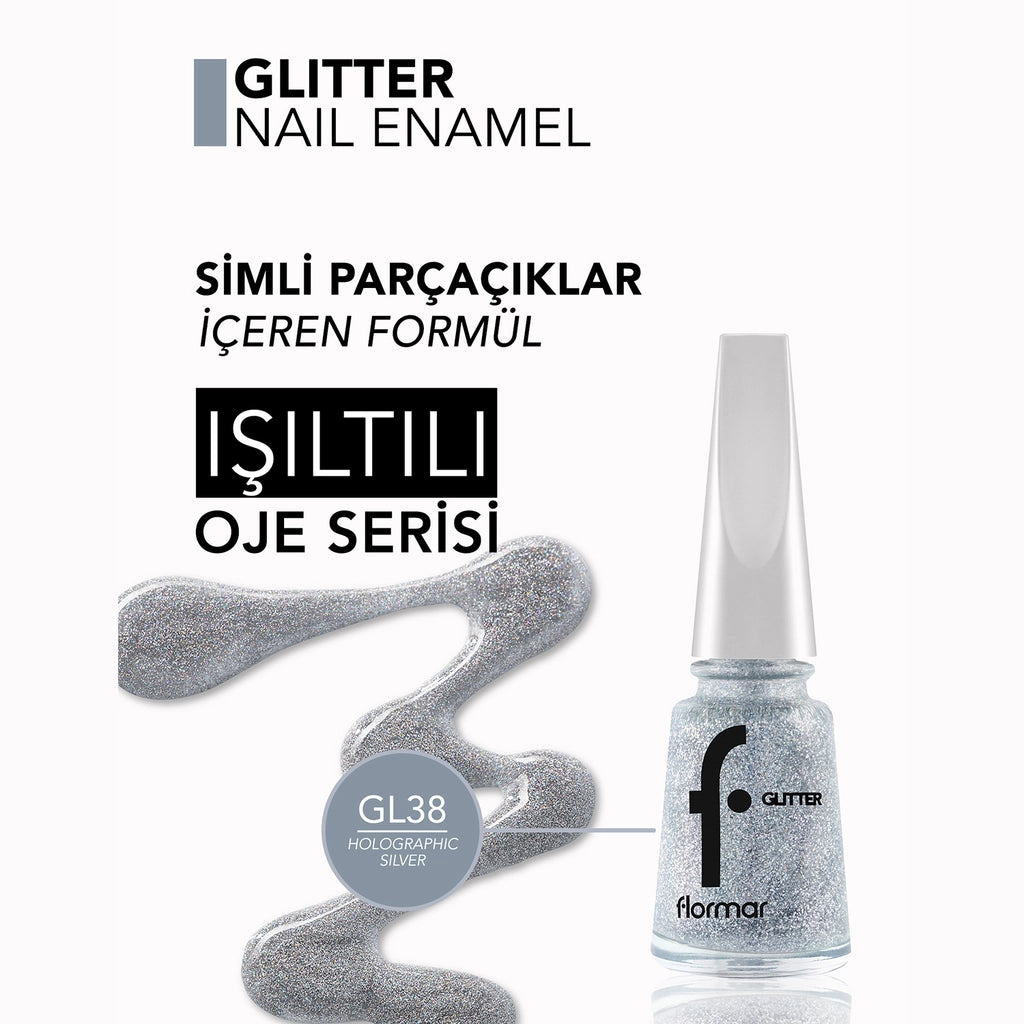 Flormar Glitter Translucent Glitter Nail Polish GL38 Holographic Silver