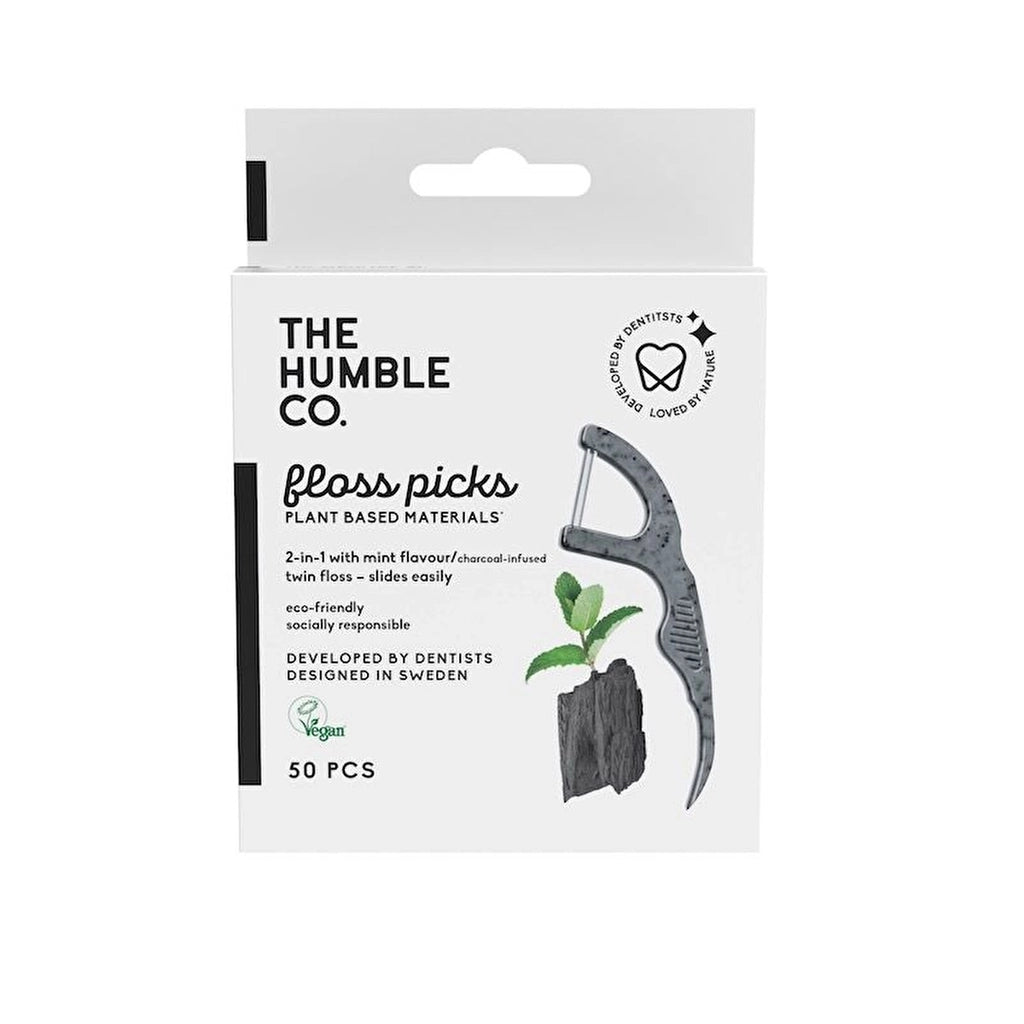 Humble Brush Floss Pick Toothpick Floss 50 Pack (Charcoal Mint)