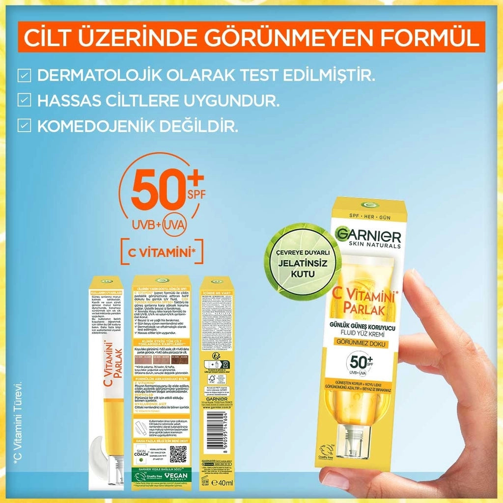 Garnier Vitamin C Bright Daily Sunscreen Fluid Face Cream Invisible Texture SPF50+ 40 ml