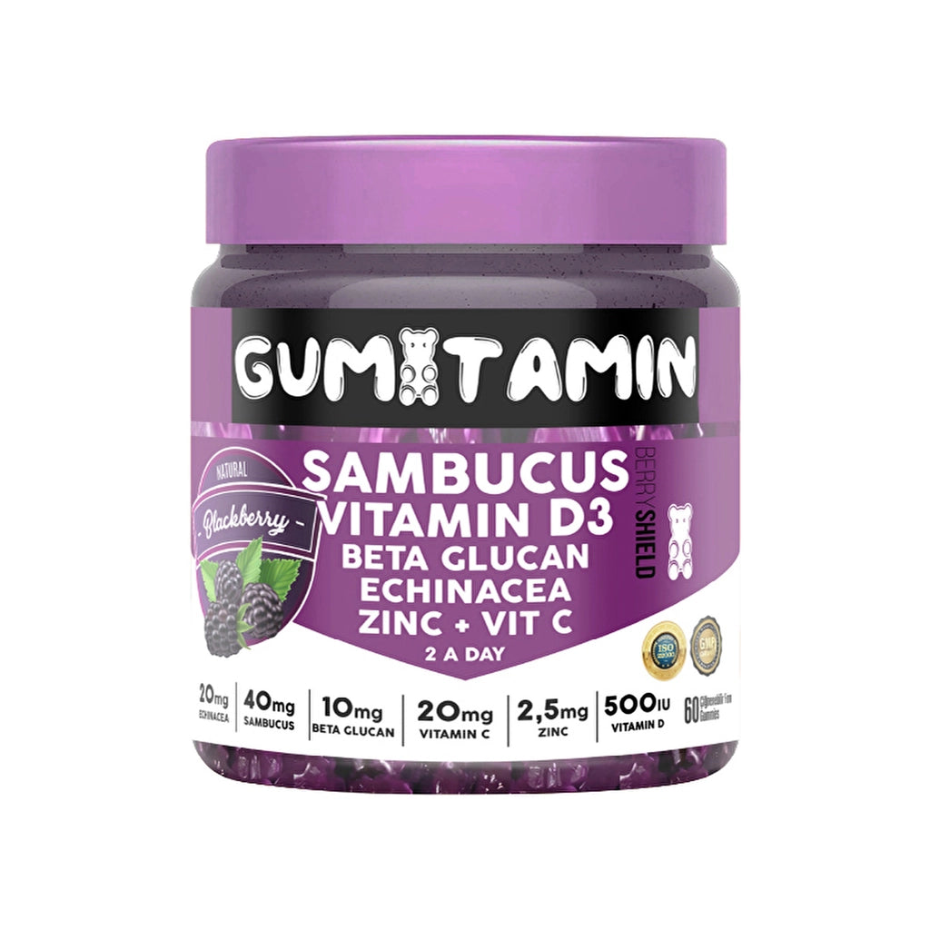 Gumitamin Sambucus Multivitamin 60 Tablets (Gummy Black Elderberry, Vitamin C + D3, Zinc, Beta Glucan Natural
