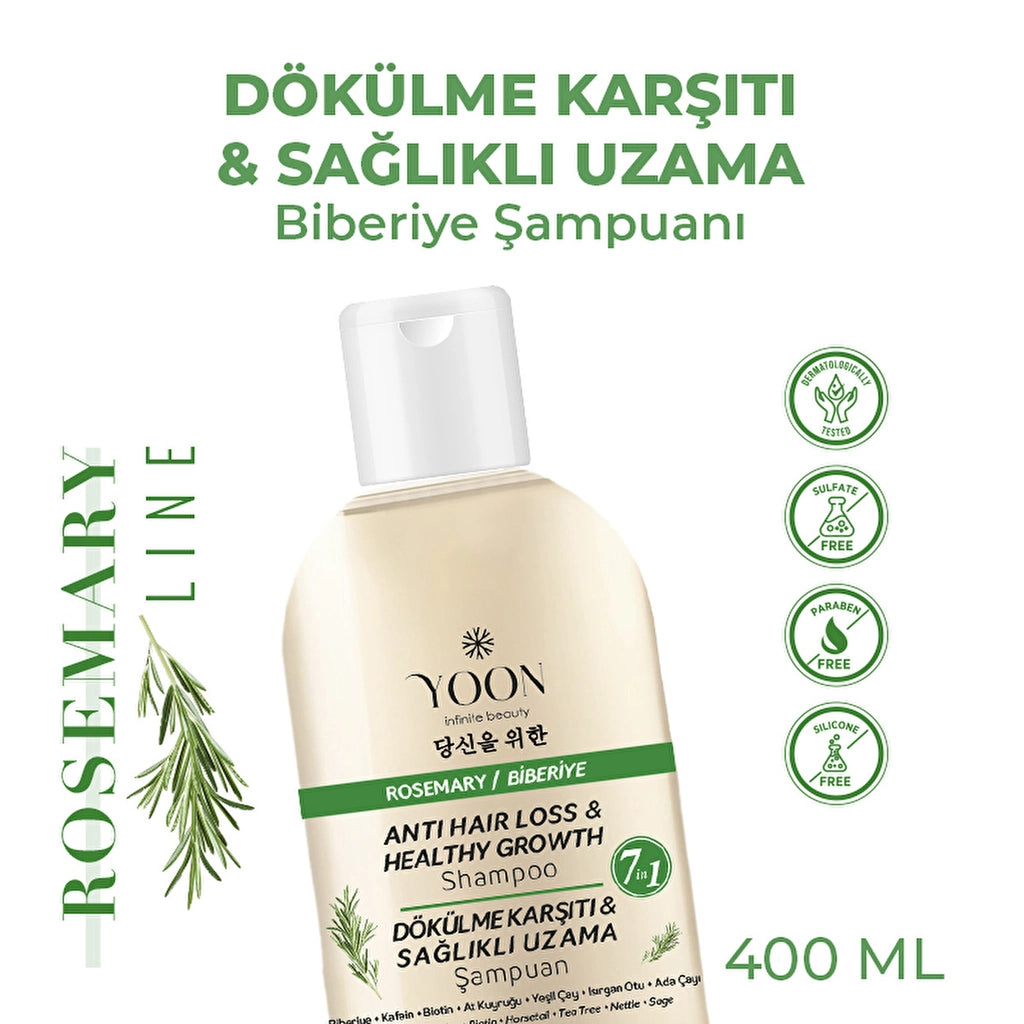 Yoon Anti-Hair Loss, Helps Fast Hair Growth, 7-Active Rosemary Salt-Free Shampoo 400 ml