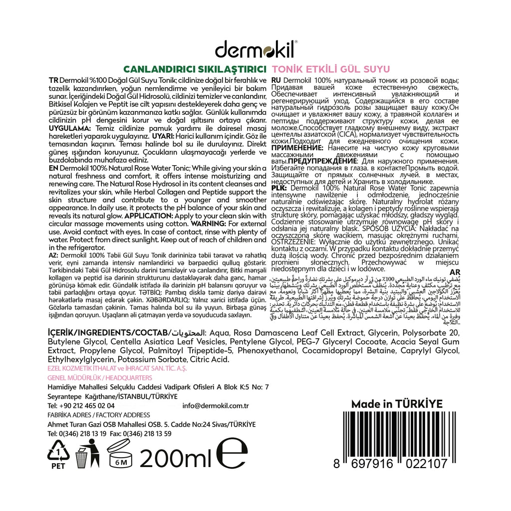 Dermokil 100% Natural Rose Water with Tonic Effect 200 ml
