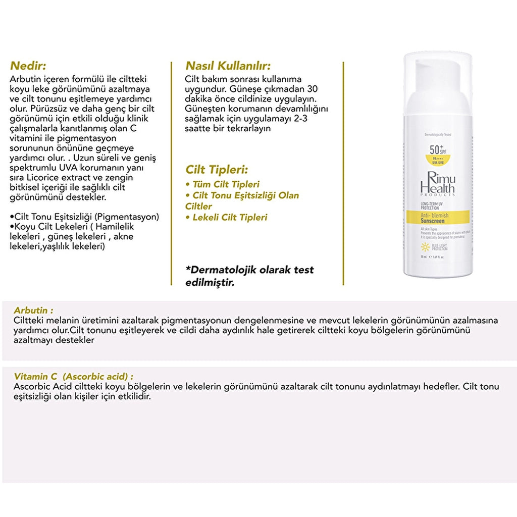 Rimu Health Skin Tone Equalizing Brightening Sun Cream for Blemishes 50 ml (Arbutin)