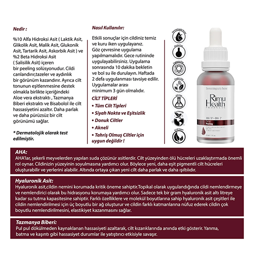 Rimu Health Revitalizing and Skin Tone Equalizing Facial Peeling Serum 30 ml (AHA 10% + BHA 2%)