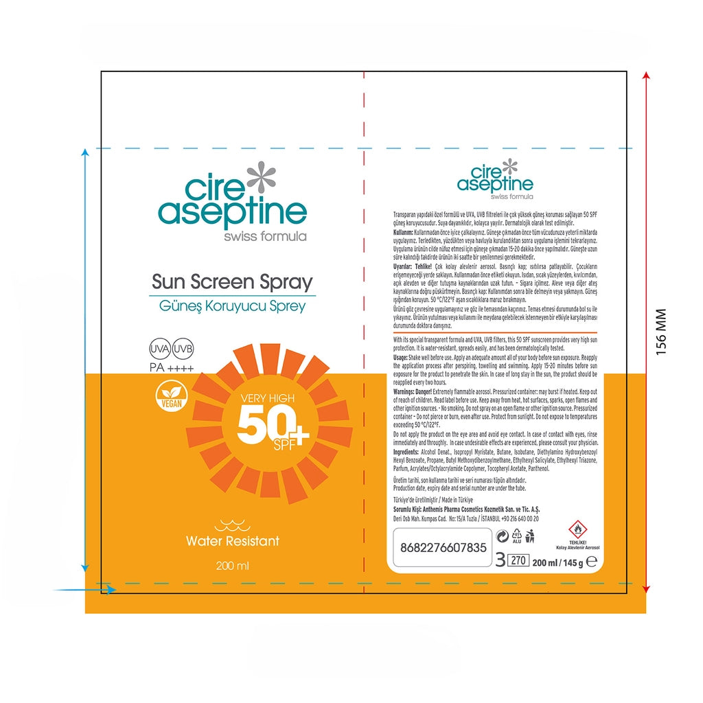 Cire Aseptine Transparent Aerosol Spray Sunscreen 50 SPF 200 ml