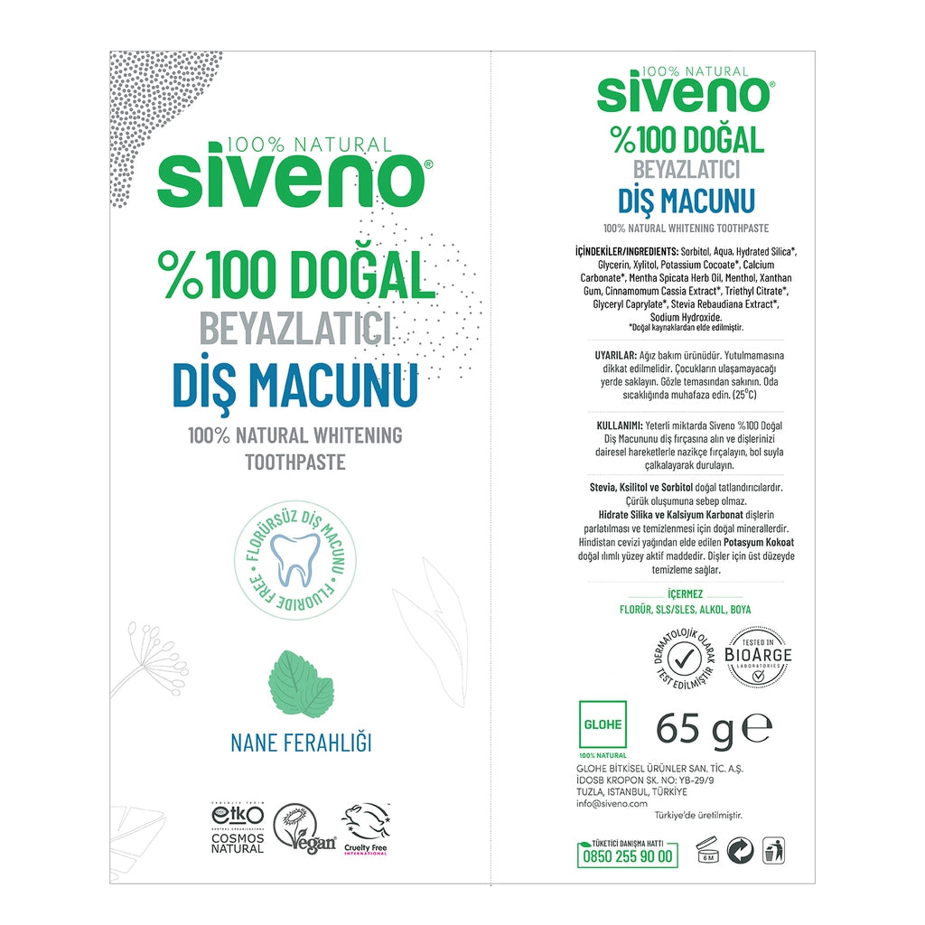 Siveno 100% Natural Toothpaste Whitening Mint Fresh Fluoride-Free 65 gr