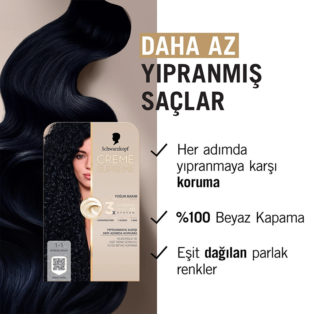 Schwarzkopf Creme Supreme Intensive Care Full Kit Hair Dye 1-1 Cold Black