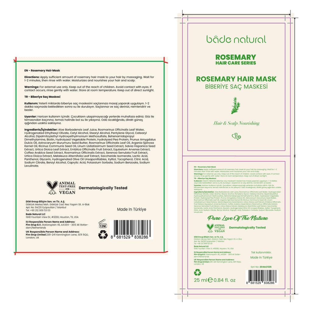 Bade Natural Rosemary Nourishing and Strengthening Hair Mask 25 ml x 4