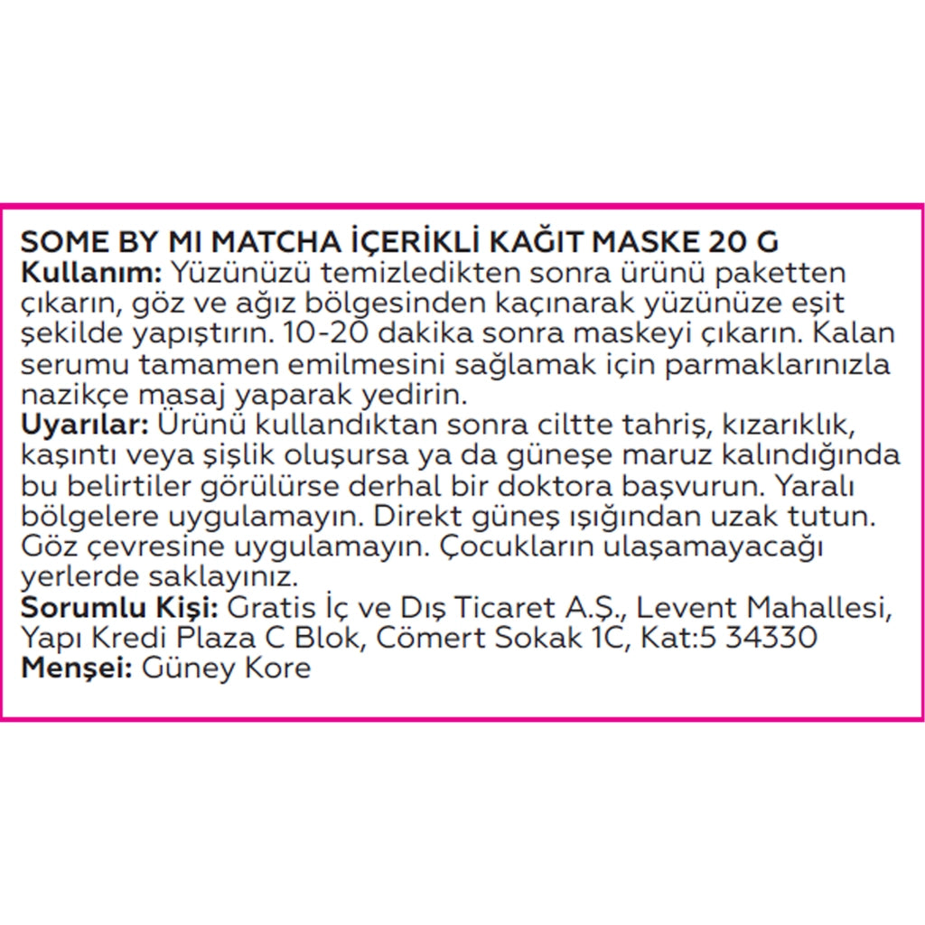 Some By Mi Matcha Content Paper Face Mask 20 gr