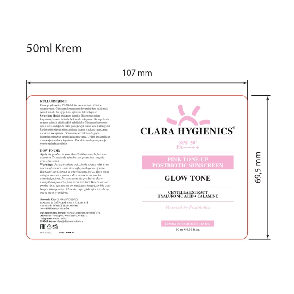 Clara Hygienics Pink Tone-Up 50+SPF Postbiotic Supported Tone Equalizing and Protective Sun Cream 50 ml