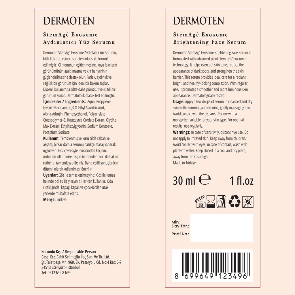 Dermoten StemAge Brightening and Tone Equalizing Exosome Facial Serum 30 ml