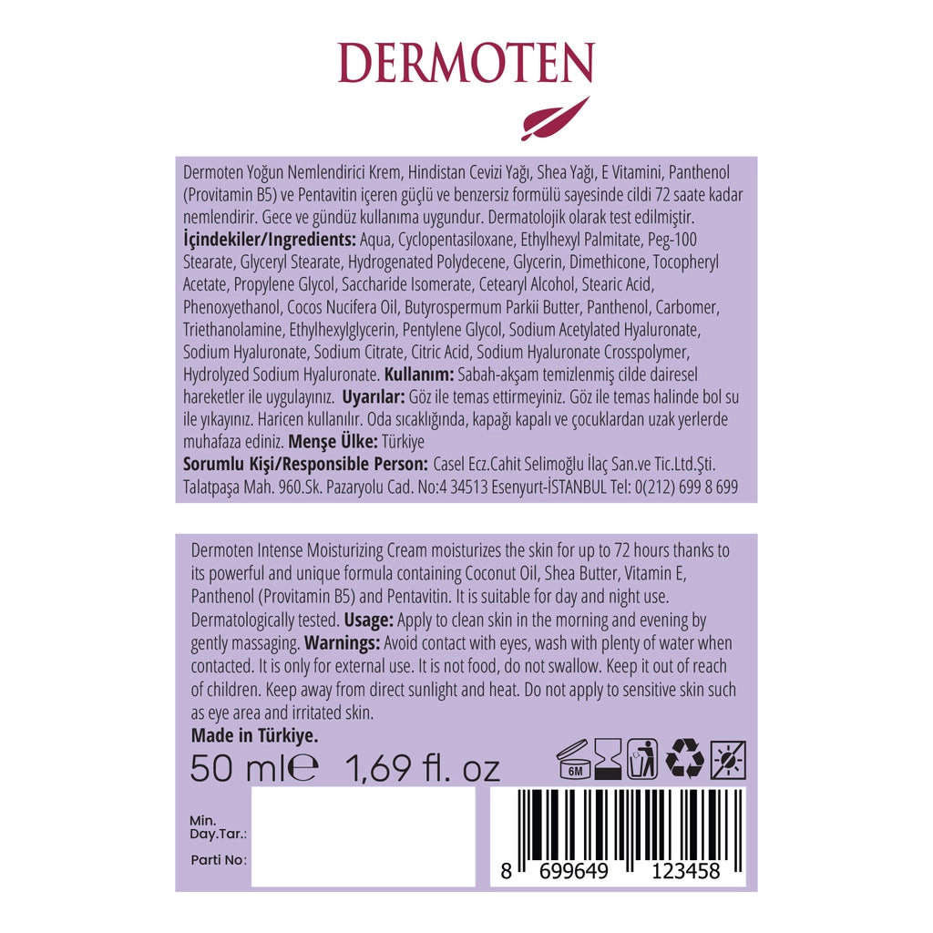 Dermoten 72 Hour Effective Intensive Moisturizing Skin Care Cream 50 ml