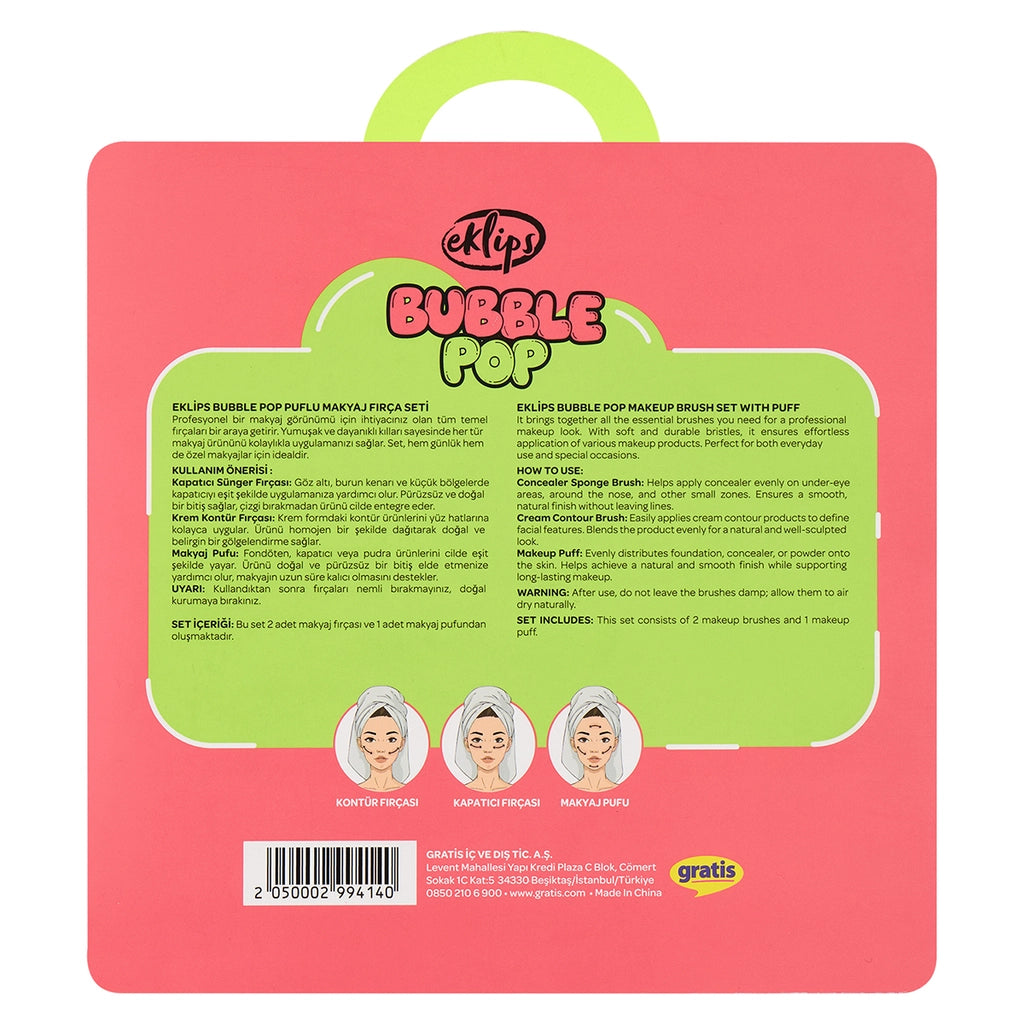 Eklips Bubblepop 2-Piece Makeup Brush Puff Set (Contour Brush + Concealer Brush + Makeup Puff)