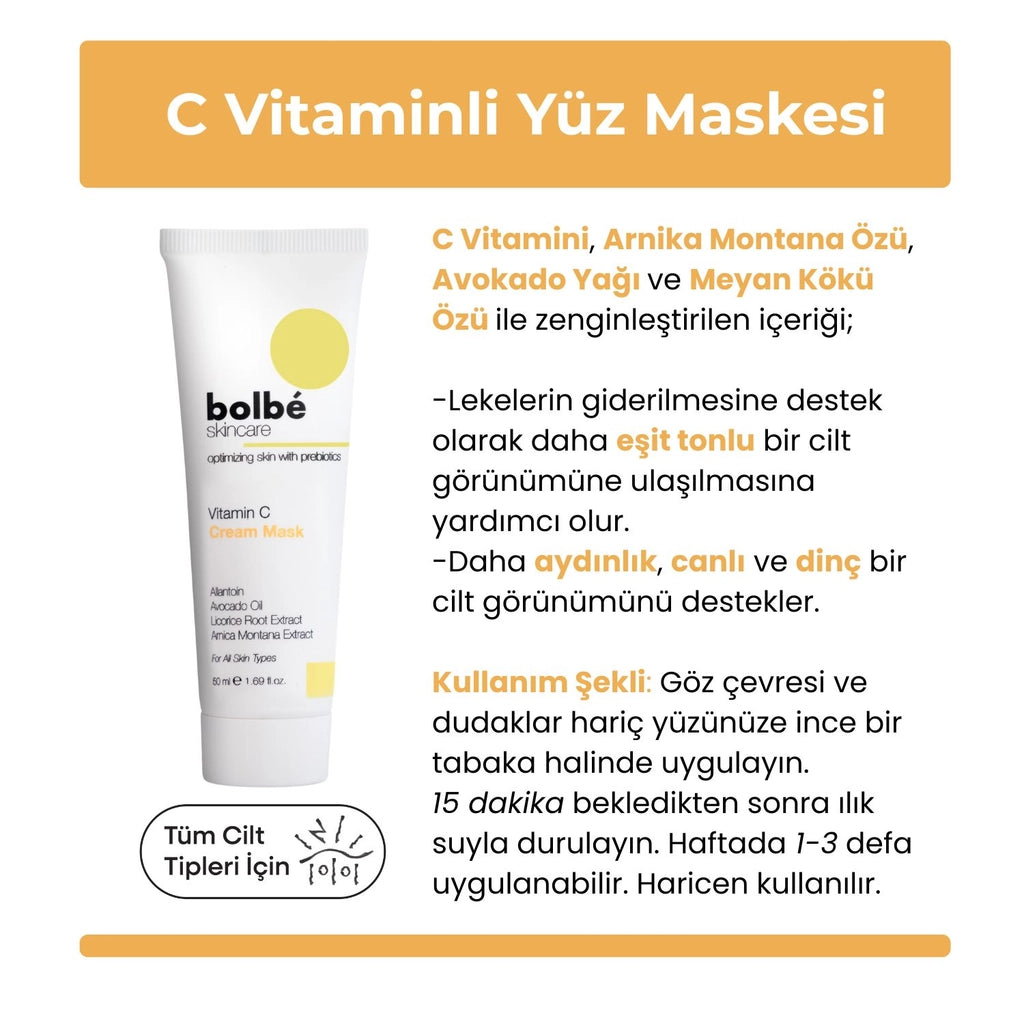 Bolbe Brightening, Skin Tone Equalizing, Blemish and Anti-Wrinkle 2% Vitamin C Cream Mask 50 ml