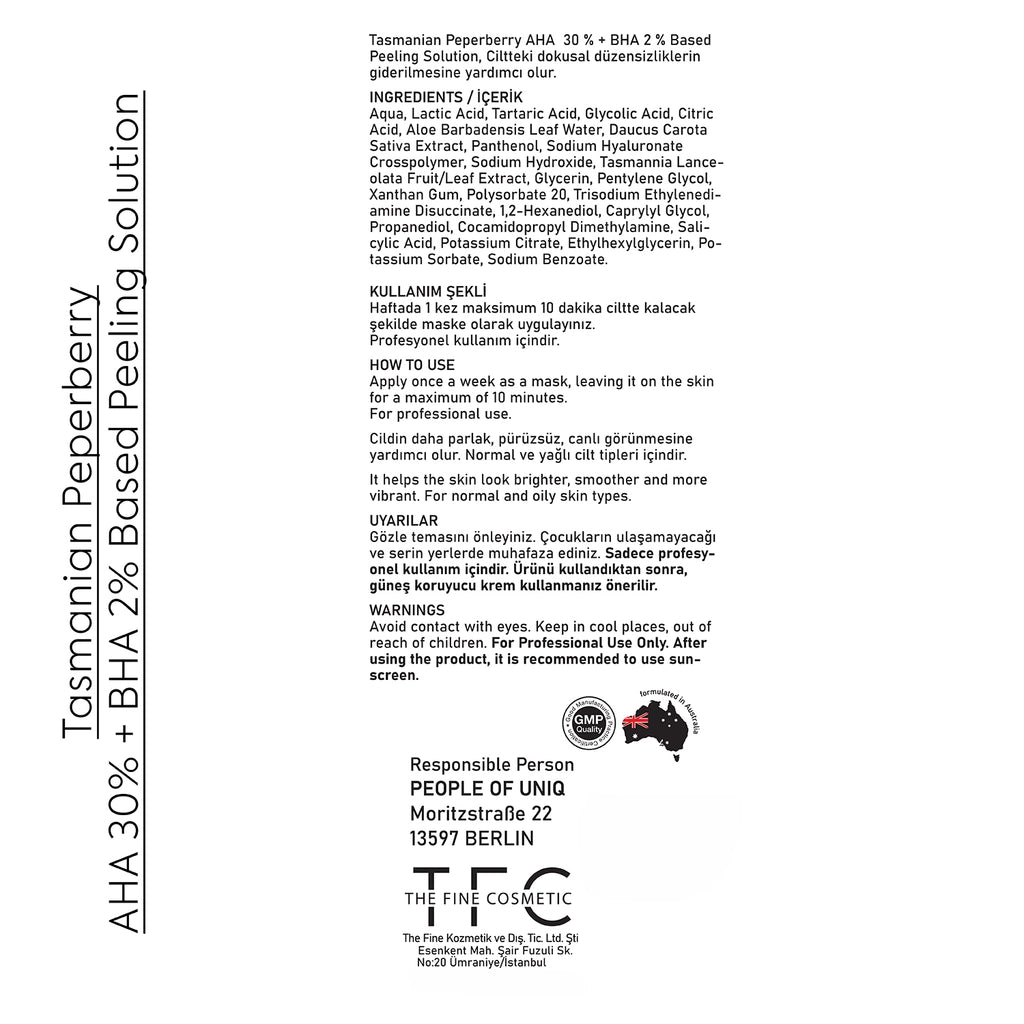 The Fine Organics Tasmanian Pepper Extract AHA 30% + BHA 2% Skin Tone Equalizing and Purifying Red Peeling Serum 30 ml