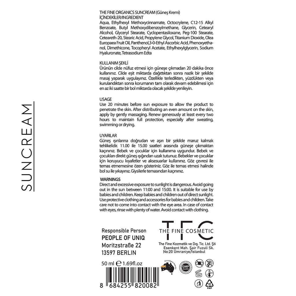 The Fine Organics SPF+50 High Protection Intensive Anti-Blemish Moisturizing Sun Cream 50 ml