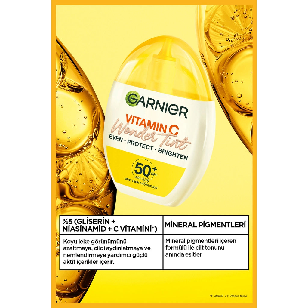 Garnier Vitamin C Wonder Tint 3 Effects in 1 50+SPF Colored Moisturizing Face Sun Cream 40 ml Light Tone