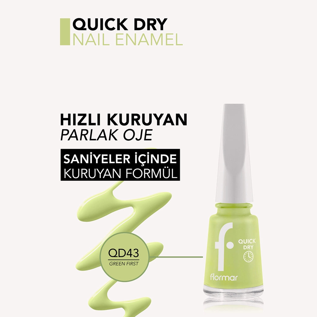 Flormar Quick Dry Fast-Drying Intensely Pigmented Nail Polish QD43 Green First