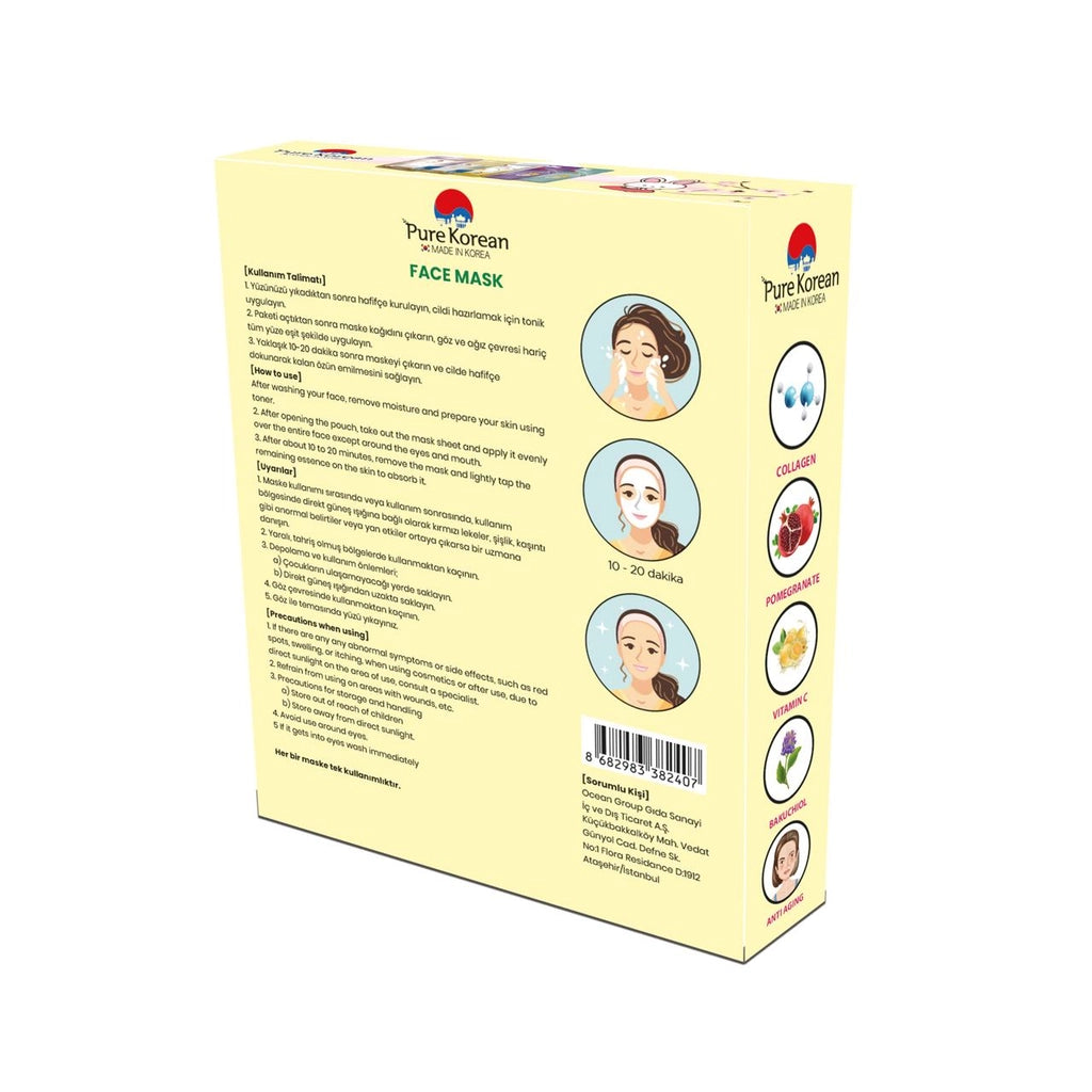 Pure Korean 5-Piece Face Mask Set (Collagen, Pomegranate, Vitamin C, Bakuchiol, Anti-Aging)
