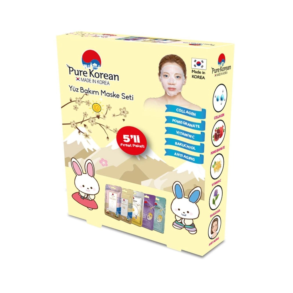 Pure Korean 5-Piece Face Mask Set (Collagen, Pomegranate, Vitamin C, Bakuchiol, Anti-Aging)