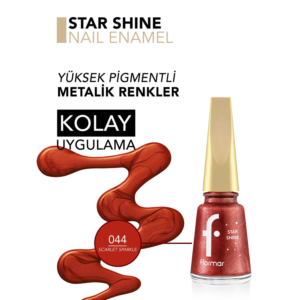 Flormar Star Shine Intensely Pigmented and Metallic Look Nail Polish 044 Scarlet Sparkle