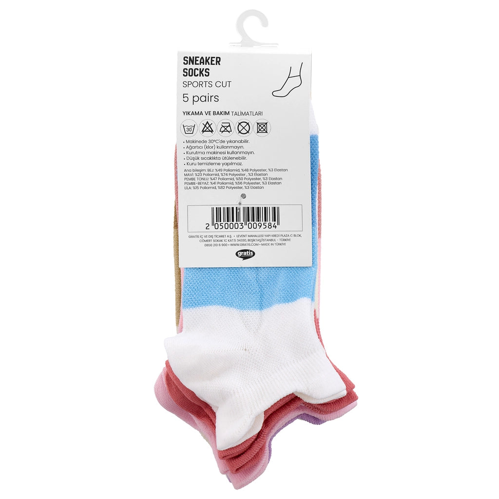 Eklips 5 Packs Multicolored Unisex Sneaker Socks Beige Blue Pink White Lilac