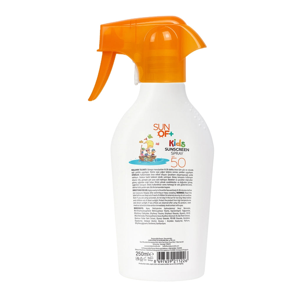 Sun Of+ Kids Sunscreen Trigger Sun Face and Body Cream Spray for Children 50SPF 250 ml