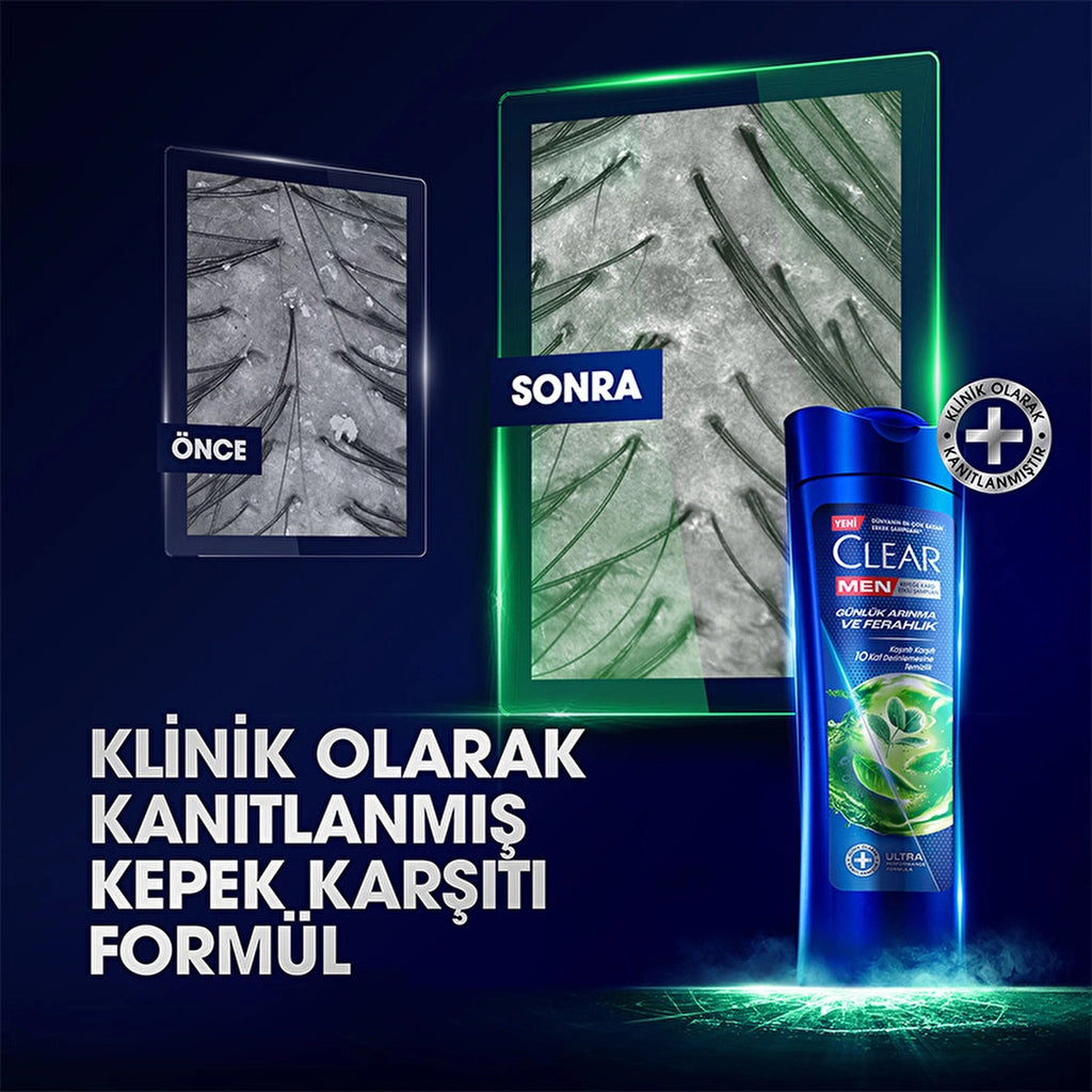 Clear Men Effective Shampoo Against Dandruff Daily Purification and Refreshment Cedar Tree and Eucalyptus Extracts 350 ml
