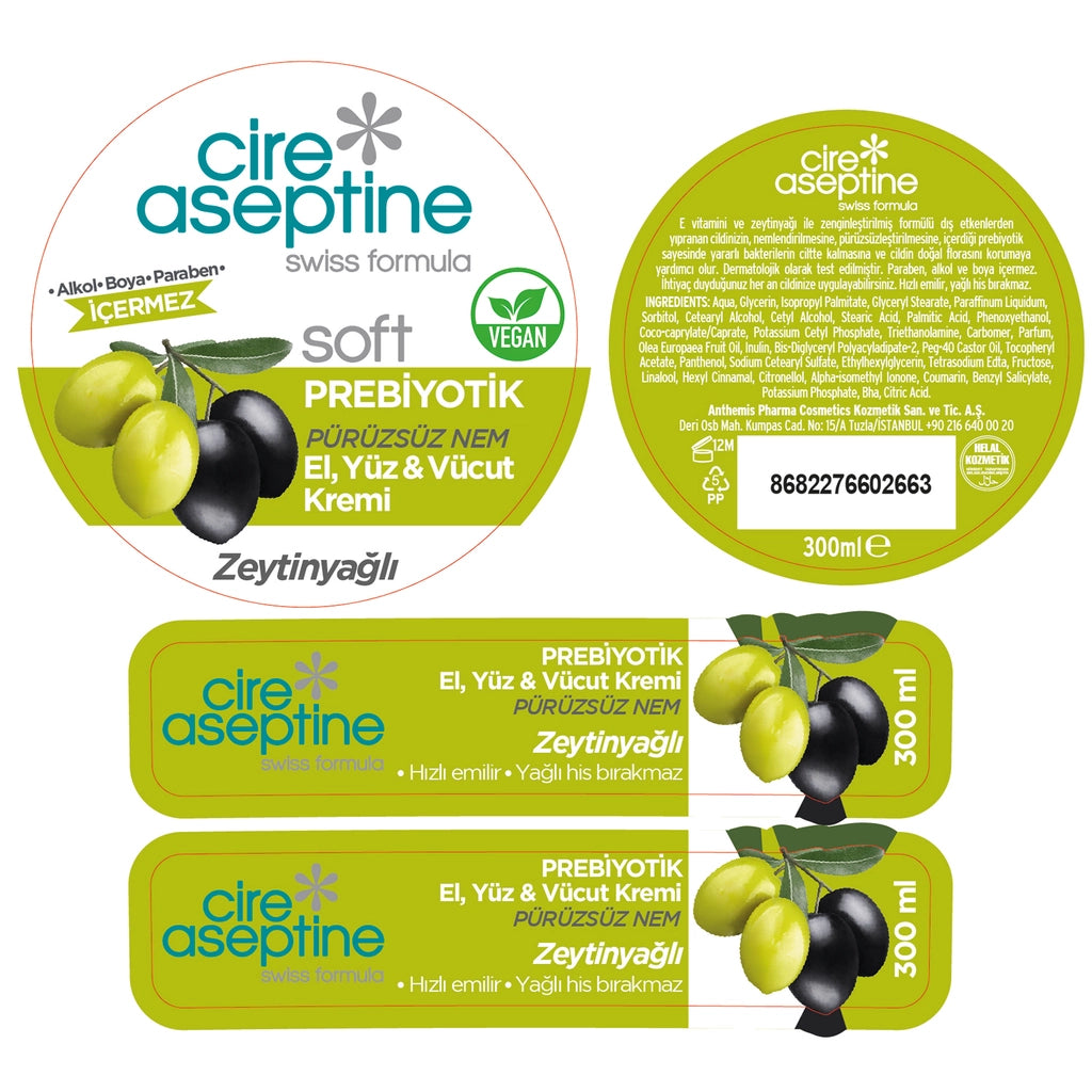 Cire Aseptine Soft Olive Oil Moisturizing Smoothing Prebiotic Cream 300 ml