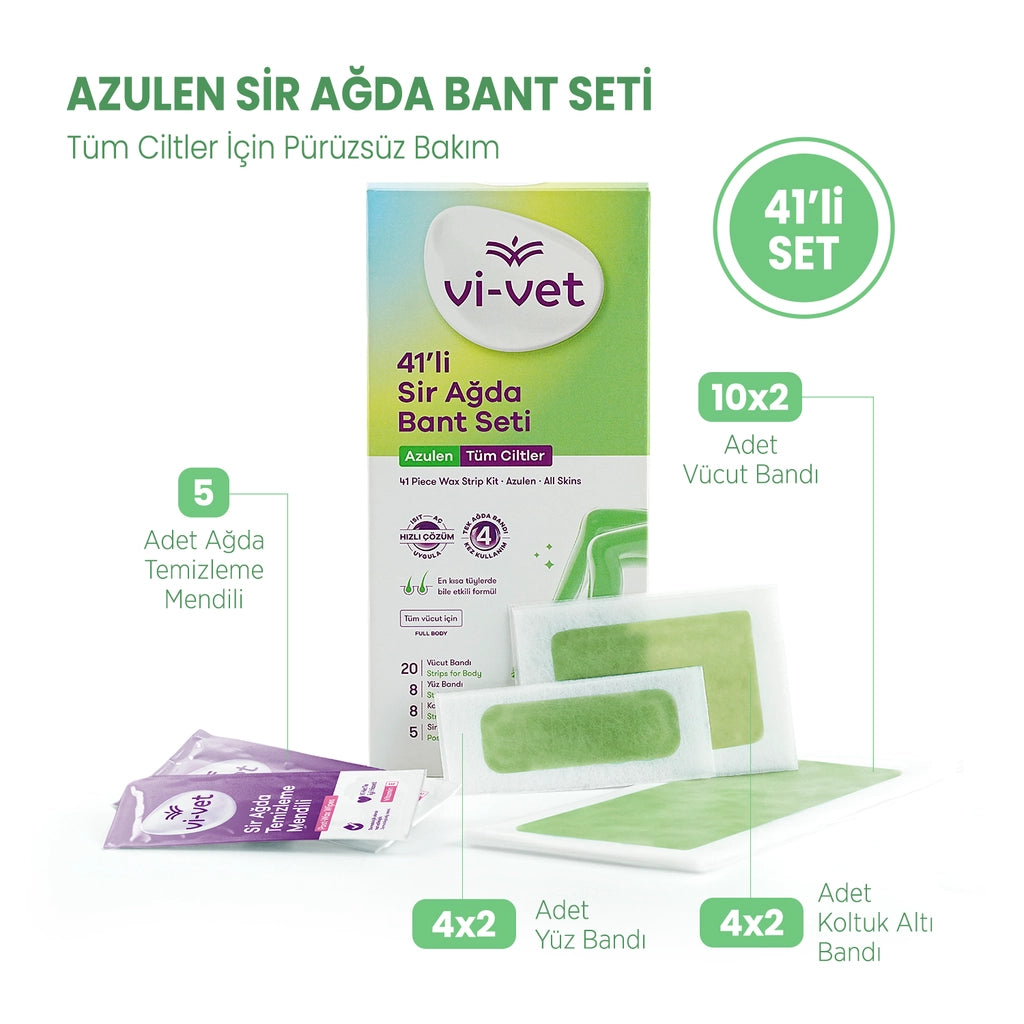 Vi-Vet Wax Strip Set Azulen 41 Pack (20 Body Tapes + 8 Face Tapes + 8 Armpit Tapes + 5 Cleansing Wipes)