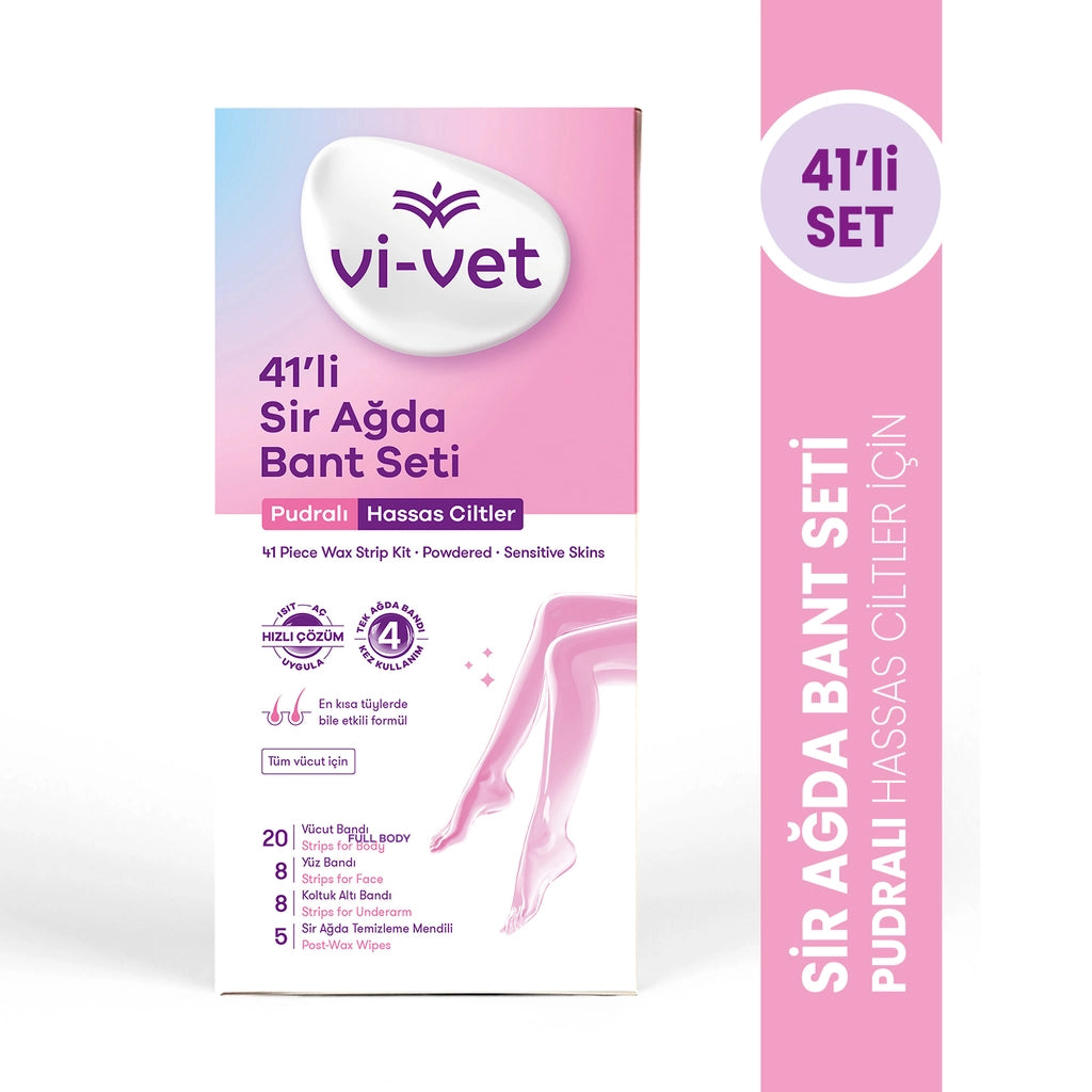 Vi-Vet Wax Strip Set Azulen 41 Pack (20 Body Tapes + 8 Face Tapes + 8 Armpit Tapes + 5 Cleansing Wipes)