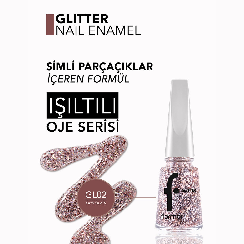 Flormar Glitter Translucent Glitter Nail Polish GL02 Pink Silver