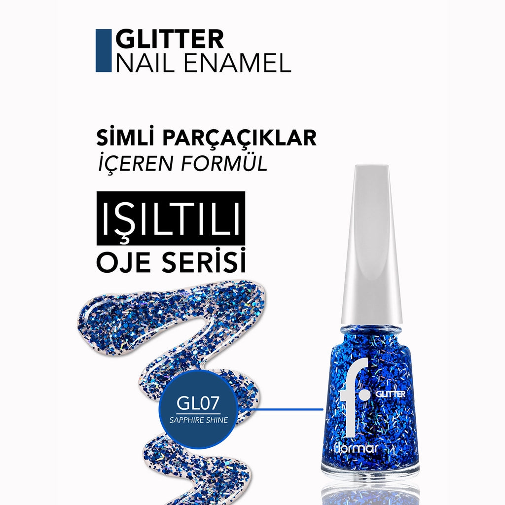 Flormar Glitter Translucent Glitter Nail Polish GL07 Sapphire Shine
