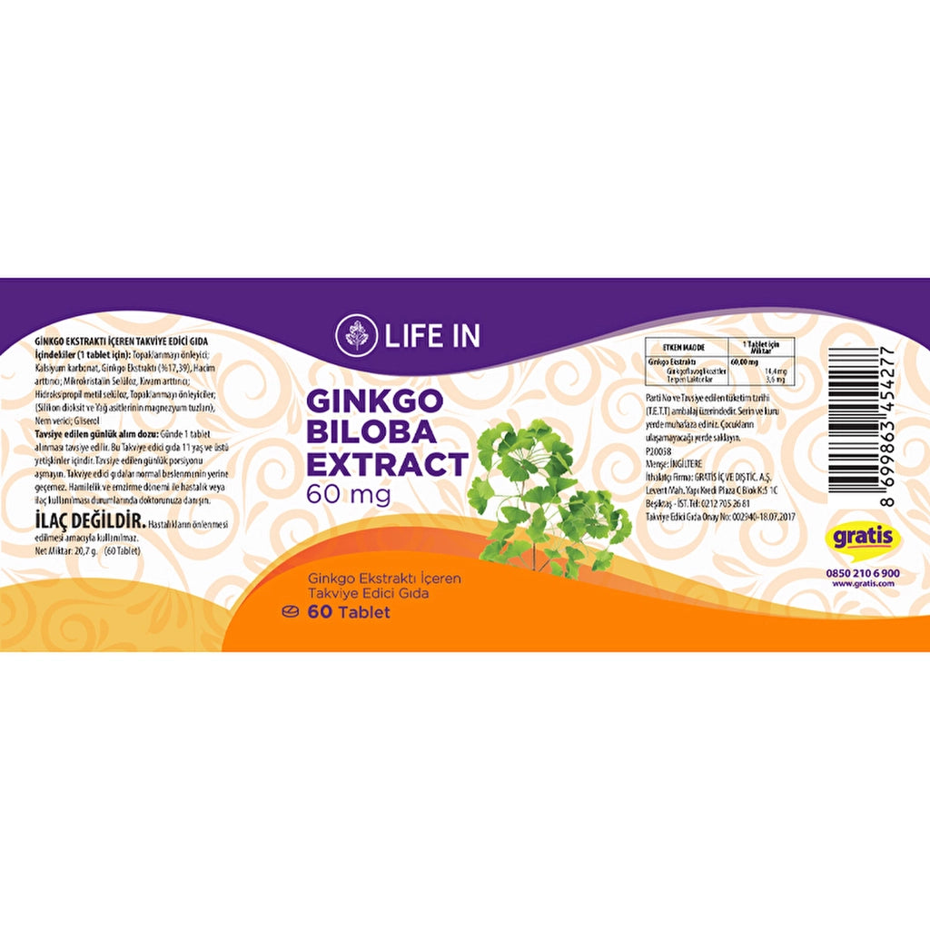 Life In Food Supplement Containing Ginkgo Biloba Extract 60 Tablets 60mg