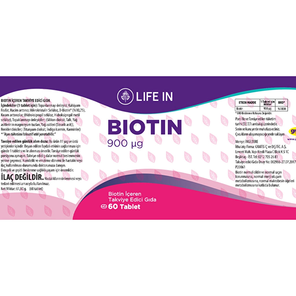 Life In Food Supplement Containing Biotin 60 Tablets 900mg
