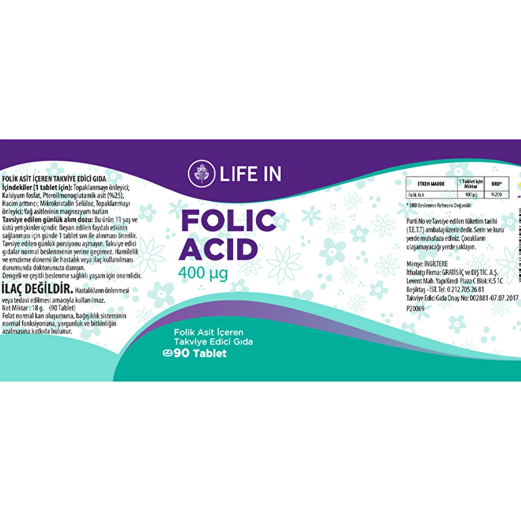 Life In Food Supplement Containing Folic Acid 90 Tablets 400mg