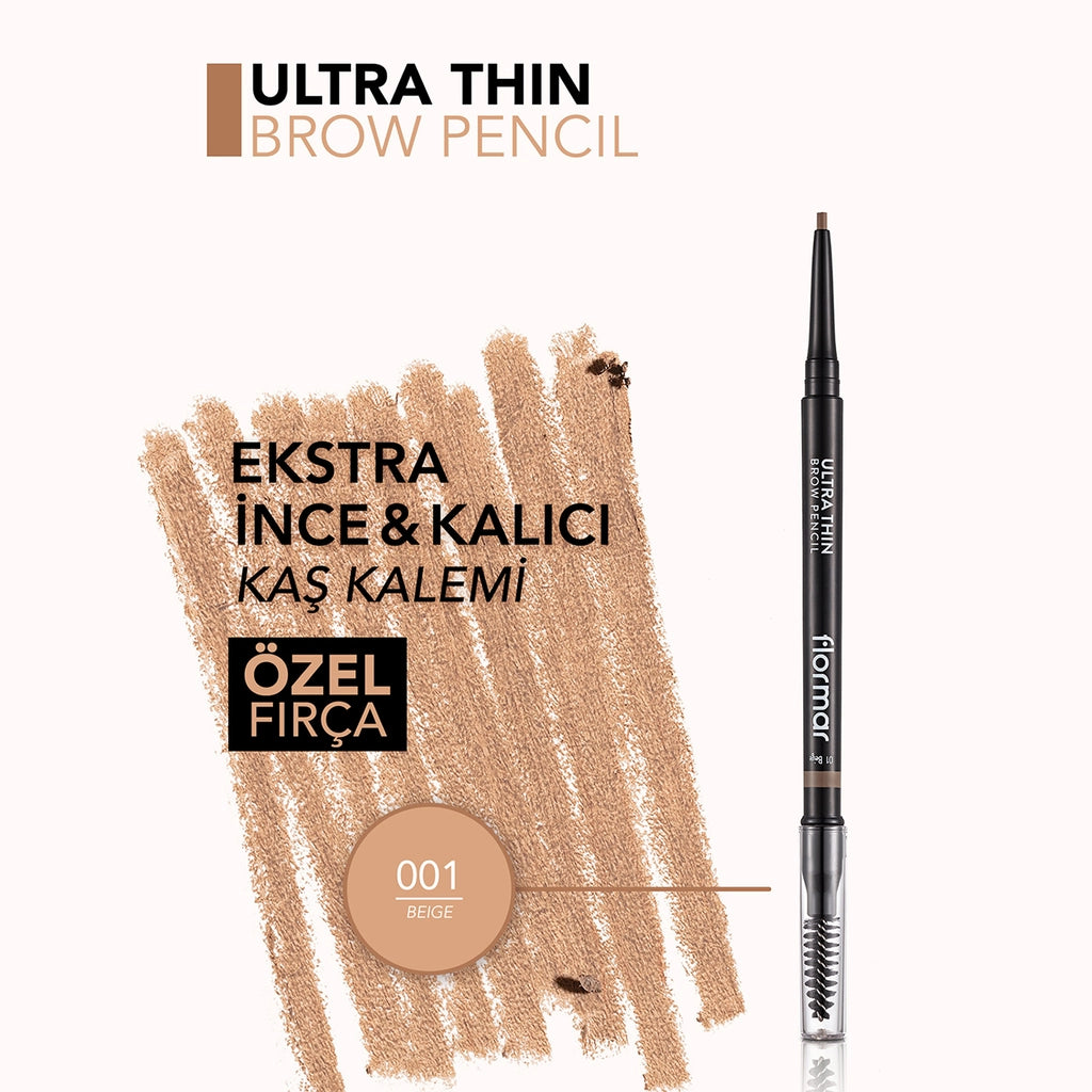Flormar Ultra Thin Eyebrow Pencil with Fine Tip and Bristle Brush 001 Beige