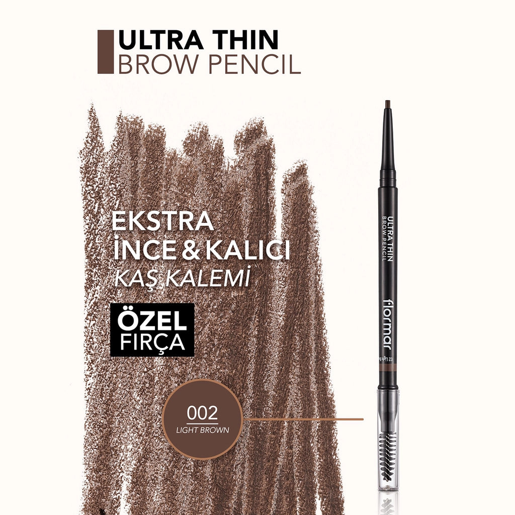 Flormar Ultra Thin Eyebrow Pencil with Fine Tip and Bristle Brush 002 Light Brown