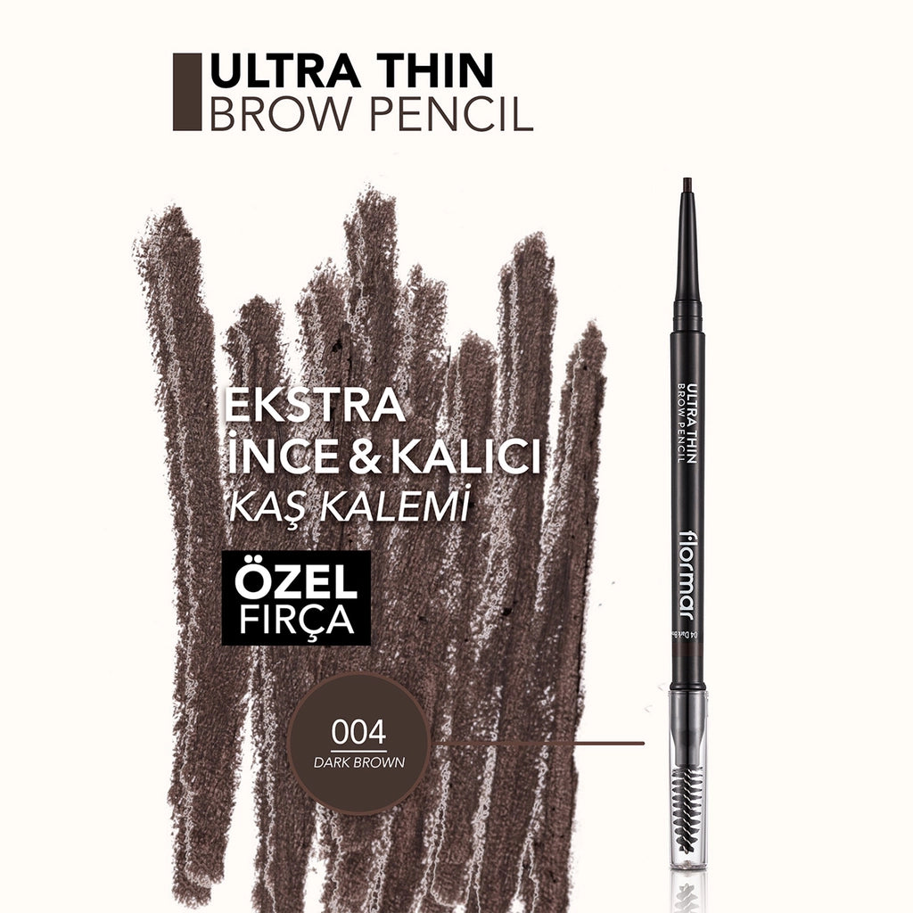 Flormar Ultra Thin Eyebrow Pencil with Fine Tip and Bristle Brush 004 Dark Brown