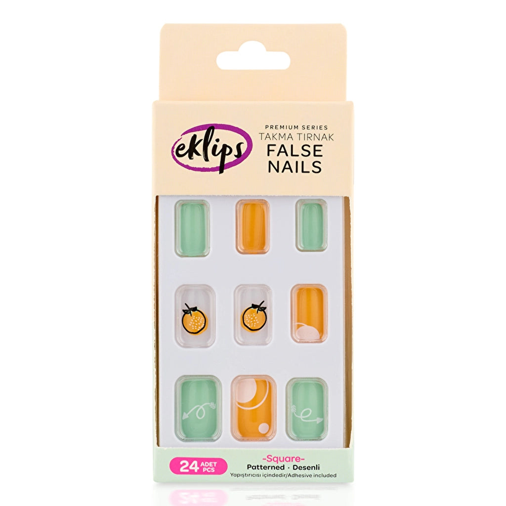 Eklips False Nails Orange Green Orange Patterned Square 24-Piece