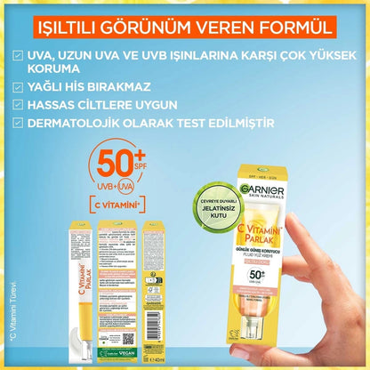Garnier Vitamin C Bright Daily Sunscreen Fluid Face Cream Shimmering Texture SPF50+ 40 ml