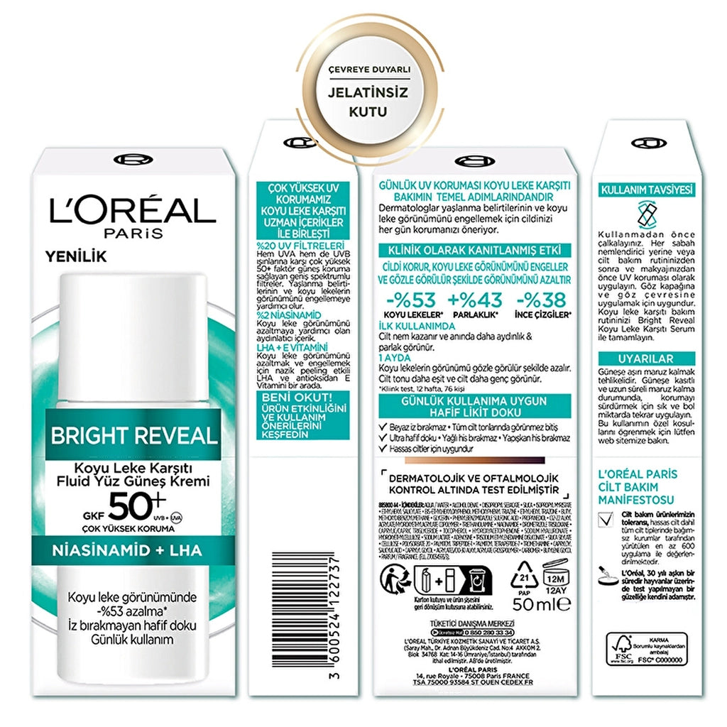 Loreal Paris Bright Reveal SPF 50+ Anti-Dark Spot Fluid Daily Face Sun Cream 50 ml