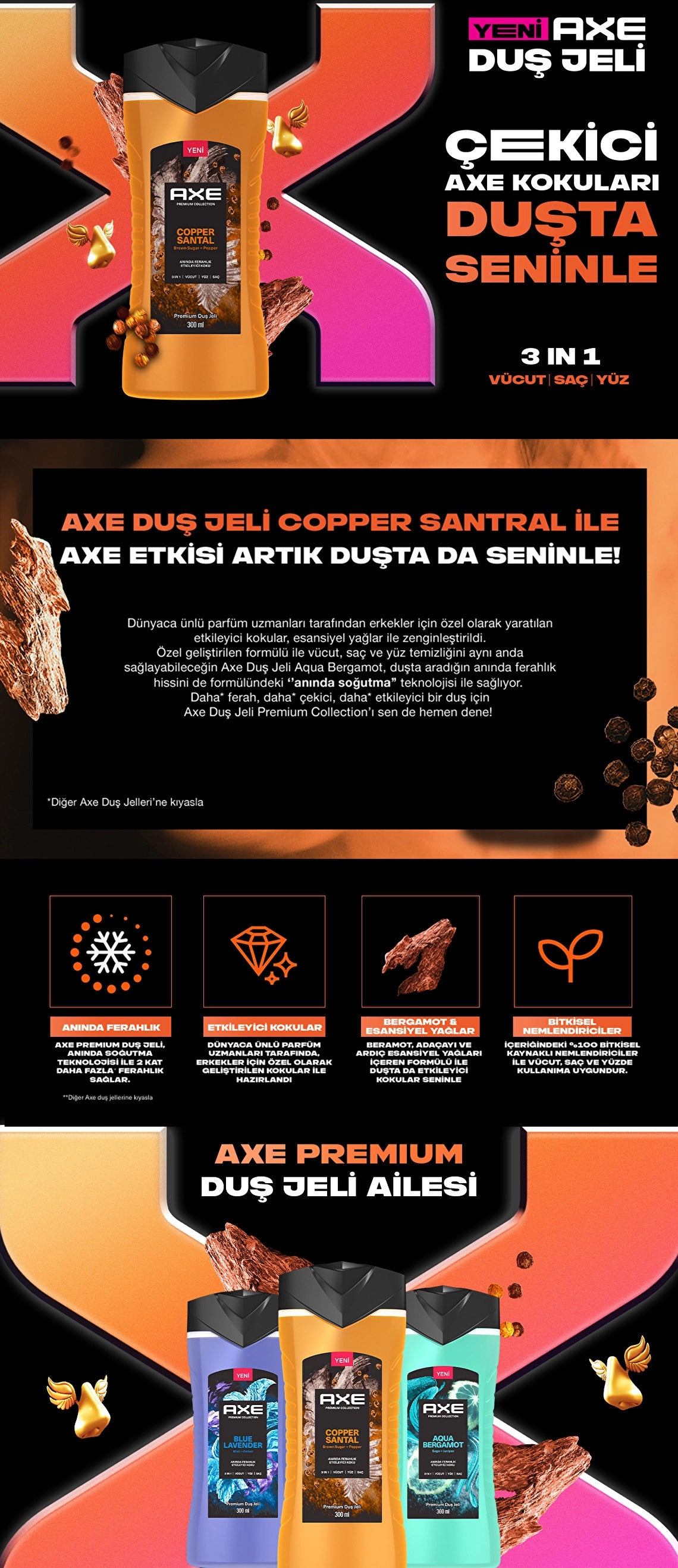 Axe Premium Collection Shower Gel Copper Santal 3 in 1 Body Hair Face 300 ml