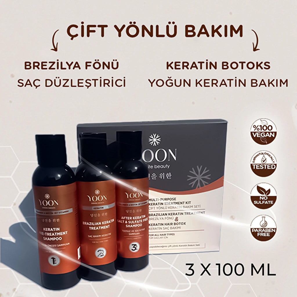 Yoon Brazilian Blow Dry Hair Straightening &amp; Keratin Botox Strengthening and Nourishing Home Keratin Care Set (3 x 100 ml)
