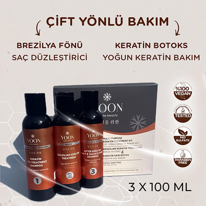 Yoon Brazilian Blow Dry Hair Straightening &amp; Keratin Botox Strengthening and Nourishing Home Keratin Care Set (3 x 100 ml)