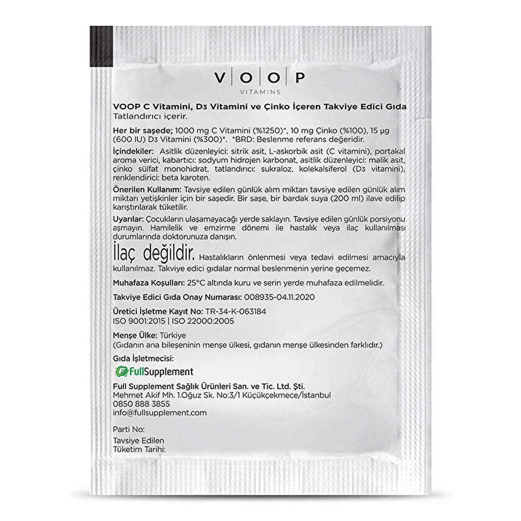 Voop Food Supplement Containing Vitamin C + D3 and Zinc 20 Sachets