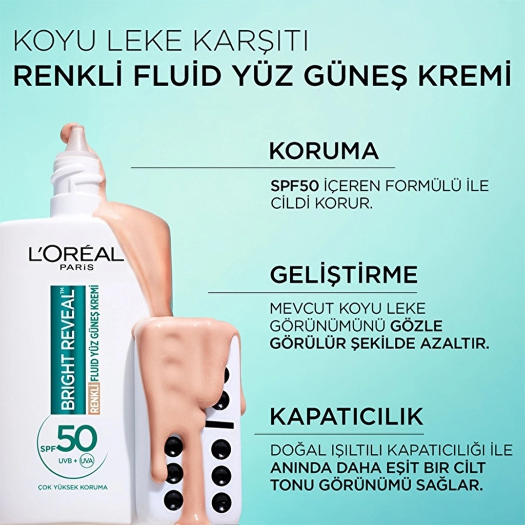 Loreal Paris Bright Reveal SPF 50+ Anti-Dark Spot Tinted Fluid Daily Face Sun Cream 50 ml - Light