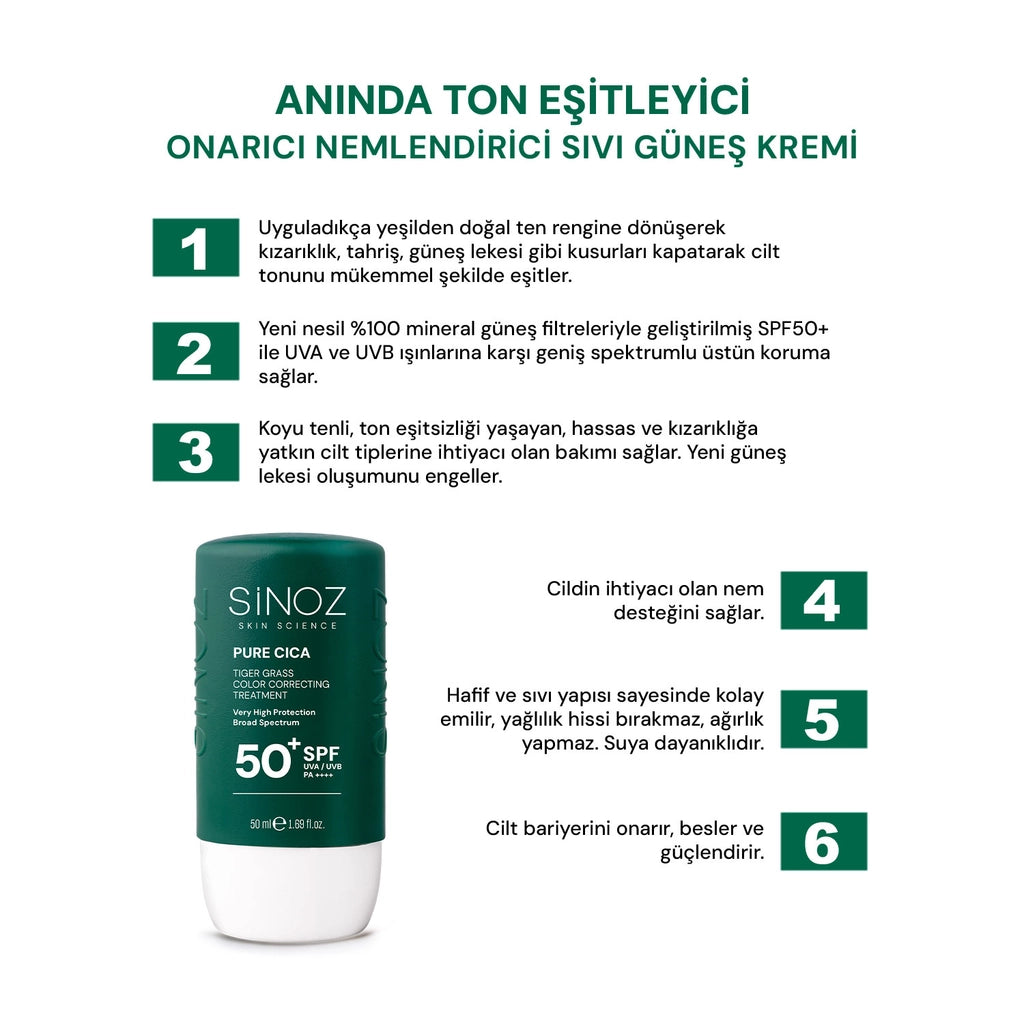 Sinoz Pure Cica Tiger Grass Tone Evening Liquid Sunscreen SPF50+ 50 ml